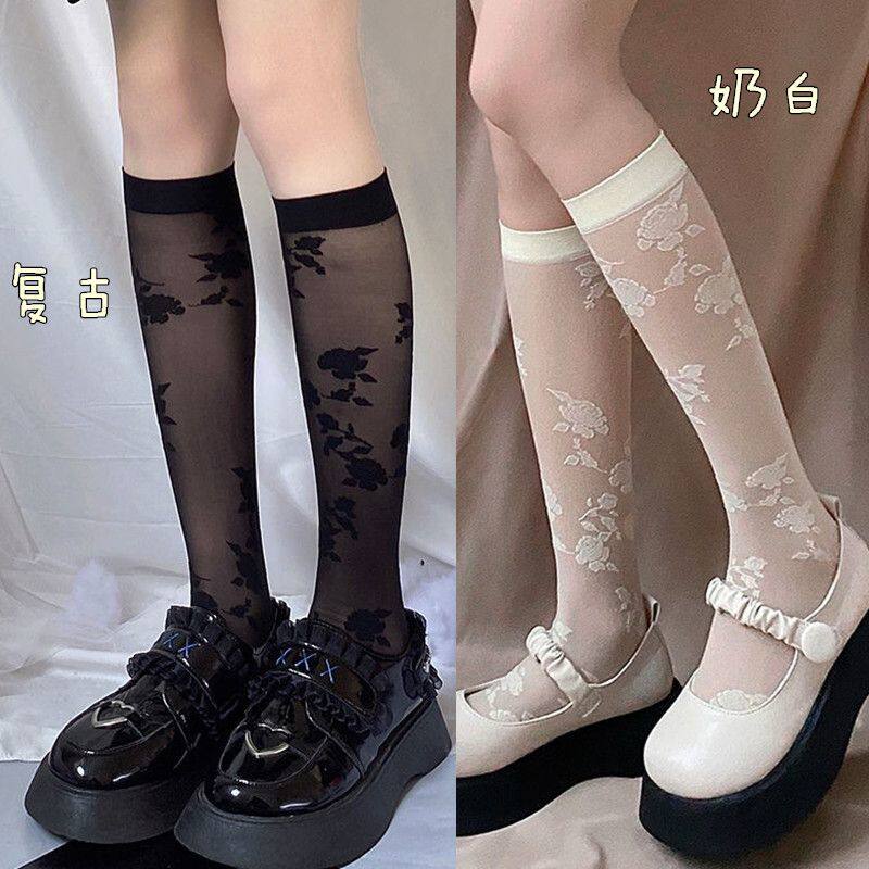 法式萝莉风小腿袜奶白色中筒袜
