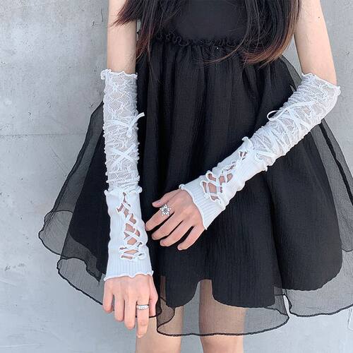芭蕾风y2k洛丽塔长手套白色蕾丝袖套女薄款夏JK防晒辣妹绑带露指