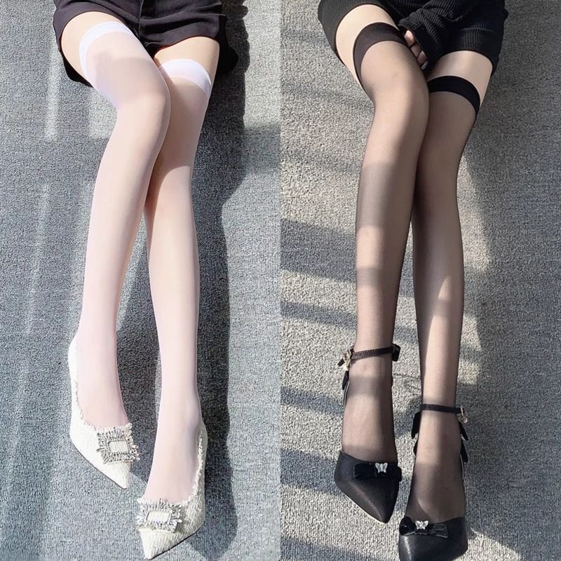 辣妹透肤过膝袜超薄1d长筒袜高筒丝袜JK黑丝白丝防勾丝显瘦大腿根