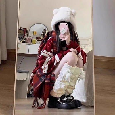 秋冬毛球针织袜套女保暖堆堆袜小腿袜jk韩版雪地靴长筒袜麻花腿套