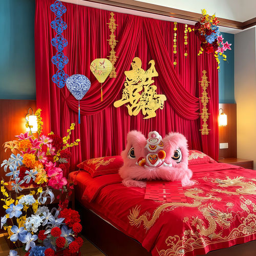 婚房红色布幔喜字拉花免打孔