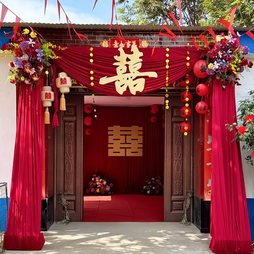 庭院大门挂饰结婚红色户外纱幔