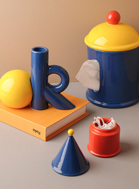 高颜值创意多巴胺纸巾盒花瓶牙线筒陶瓷家居桌面装饰品摆件