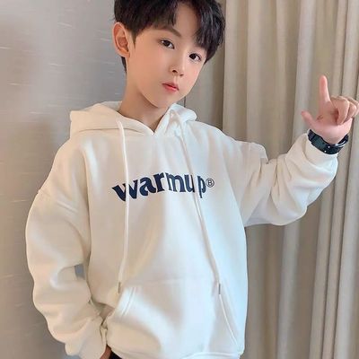 白色卫衣男童童装加绒2024冬季新款连帽儿童加厚上衣中大童韩版潮