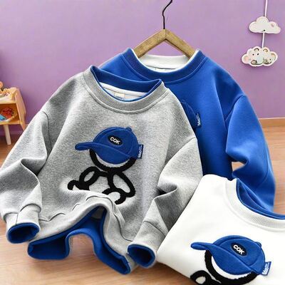 男童加薄绒卫衣潮牌假两件2025春秋中大童长袖炸街刺绣打底上衣潮