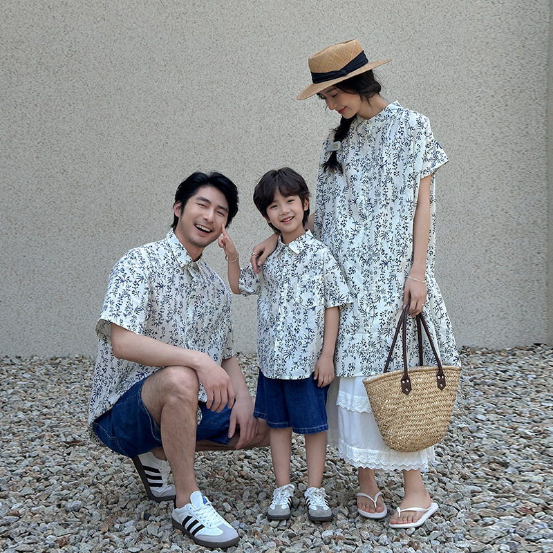ins中长款碎花衬衫连衣裙母女装夏装新款文艺清新亲子装网红爆款