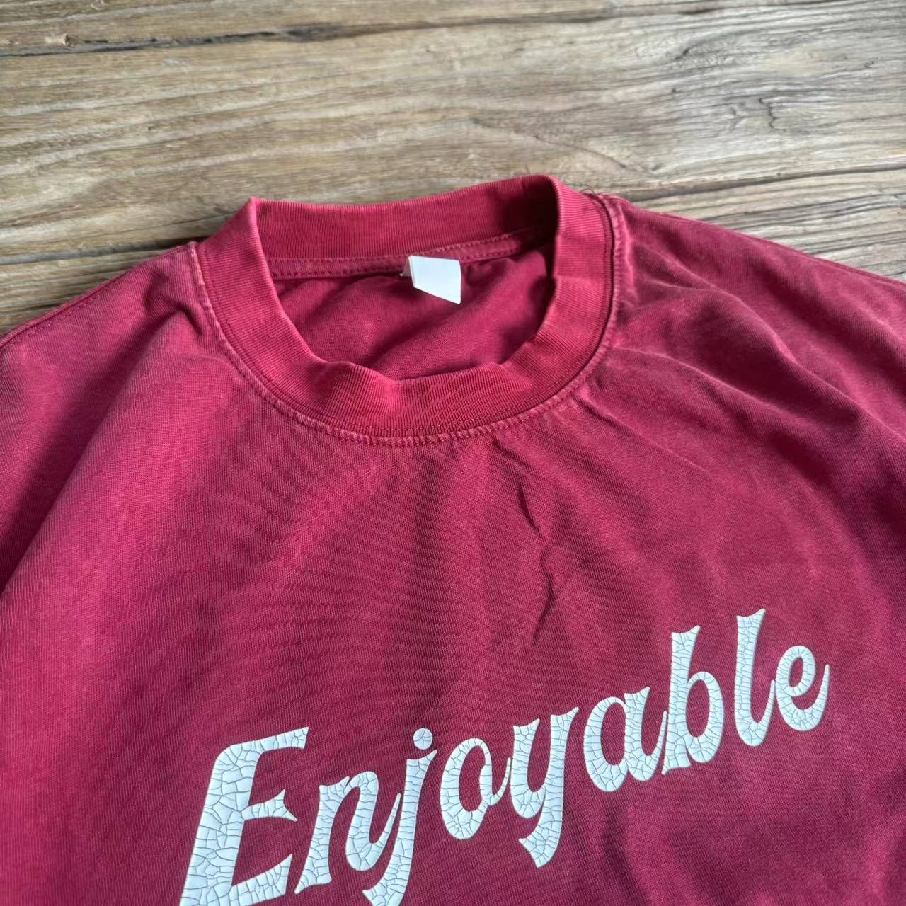 重水洗做旧 纯棉 爆裂印花 小领口T恤美式落肩宽松大码半袖体恤男