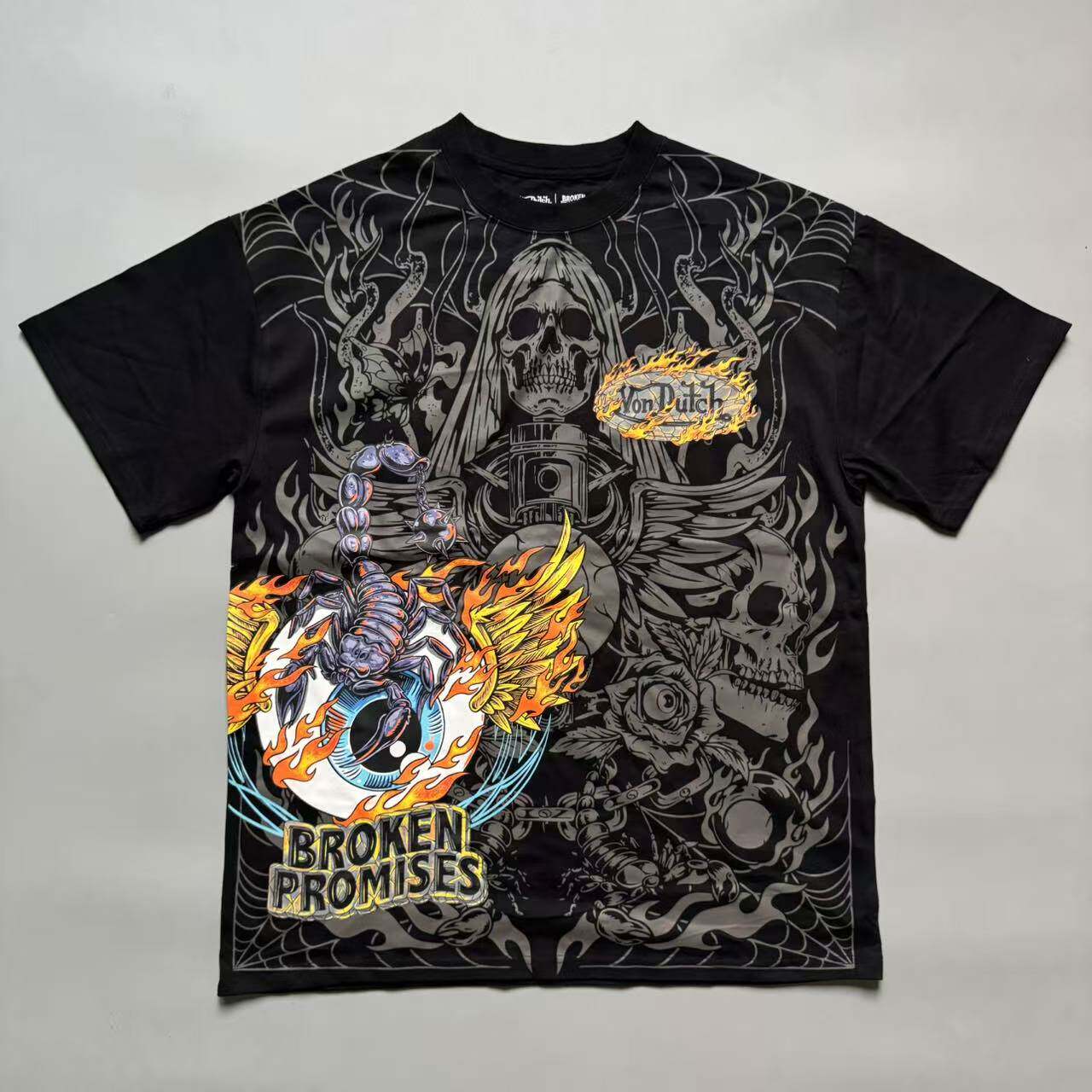 美式哥特风骷髅头印花机车短袖T恤男女宽松纯棉个性摇滚夏季上衣