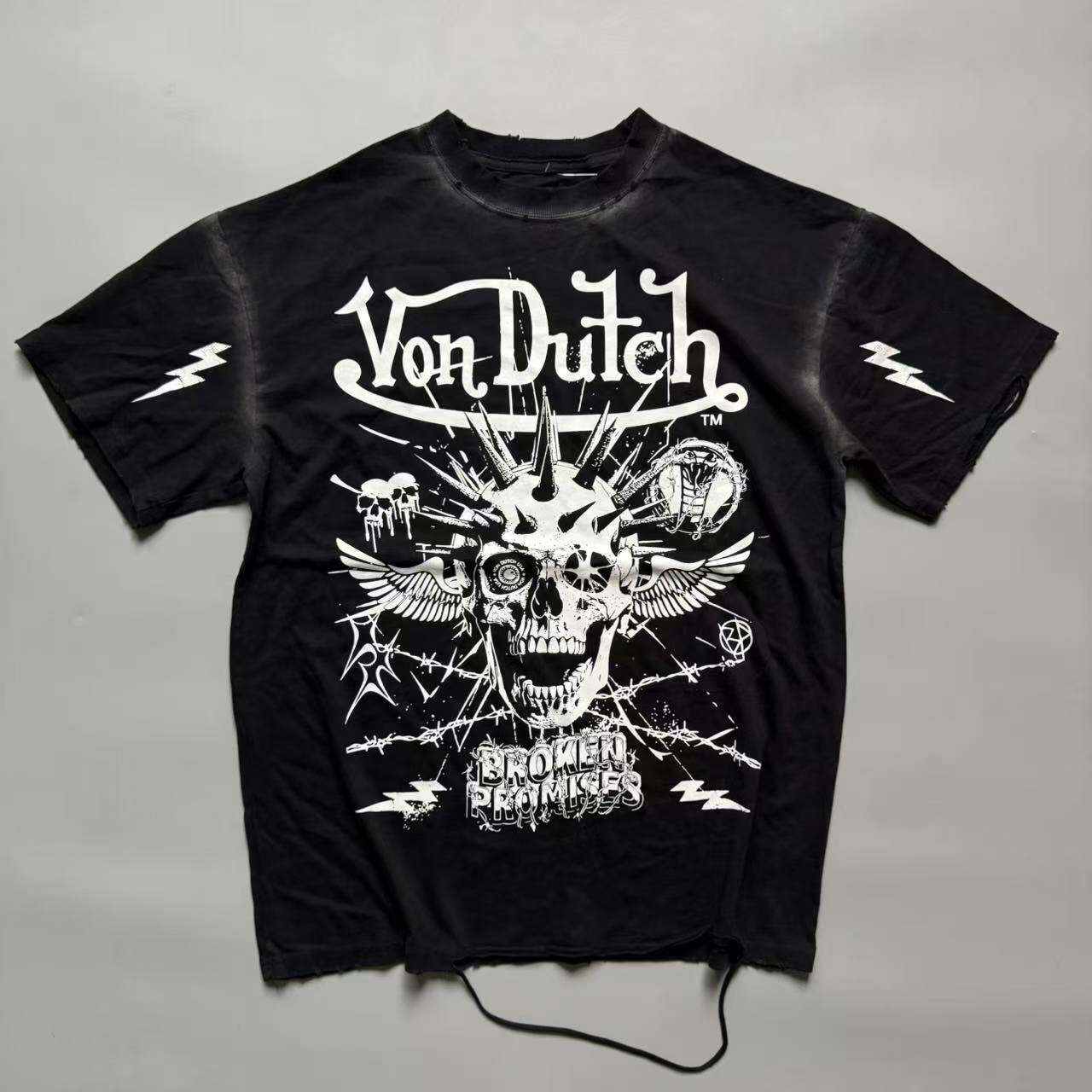 美式破坏做旧摇滚乐队印花短袖T恤男女宽松圆领纯棉哥特风黑色潮