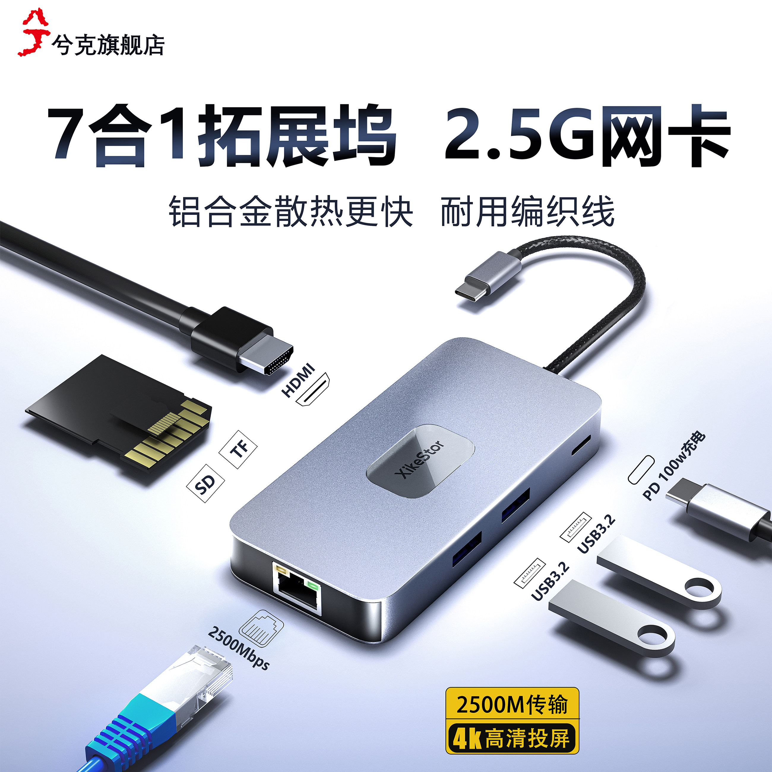 兮克2.5g拓展坞 usb网卡七合一type-C转网口HUB3.2分线器HDMI60Hz投屏转换pd充电器适用笔记本电脑苹果