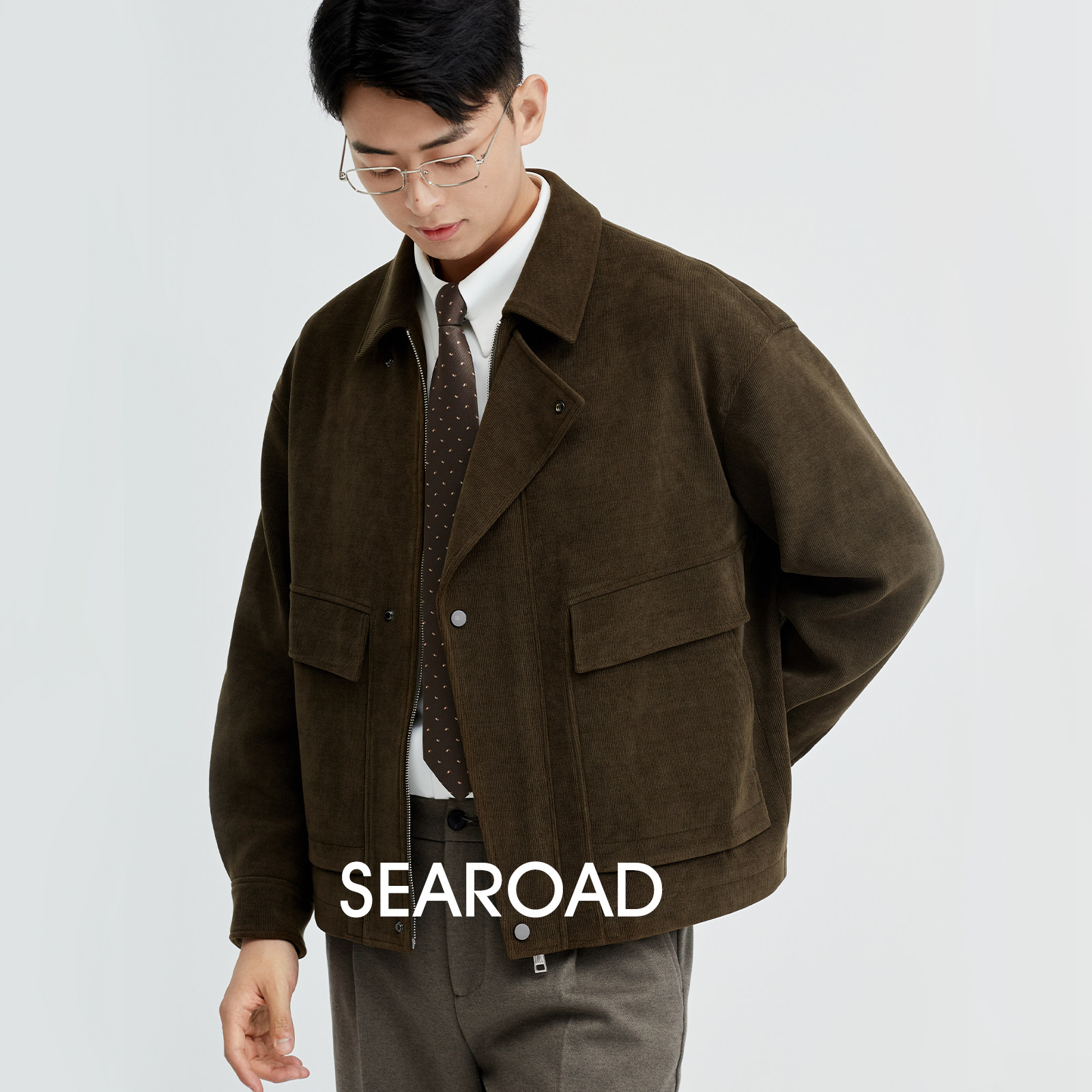 【达人专属】海上公路斜门襟翻领夹克男士春秋细条灯芯绒慵懒外套