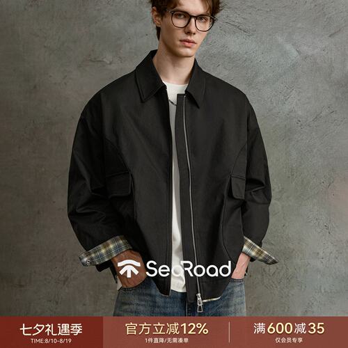 海上公路翻领拉链通勤夹克男士细斜纹宽松简约百搭春秋黑色外套