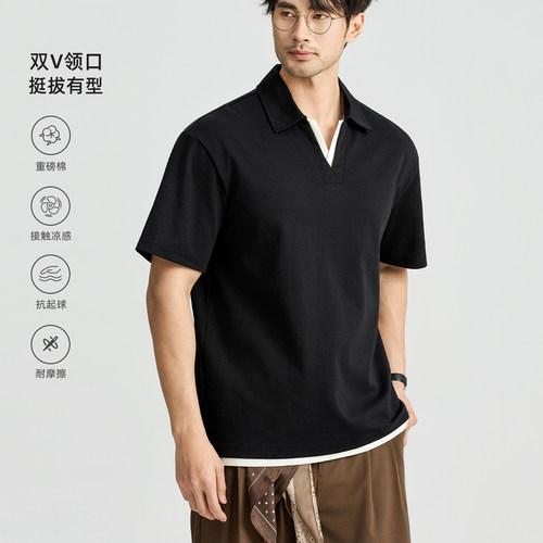 海上公路双V假两件领Polo衫男士夏季凉感宽松短袖休闲通勤上衣服