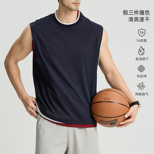 海上公路假三件撞色背心男士夏季潮流百搭无袖宽松透气休闲运动T