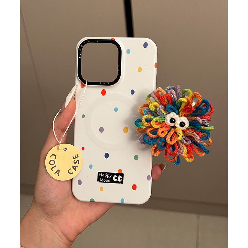 韩系彩色波点毛线球磁吸支架适用苹果15promax手机壳iPhone14新款女13网红12时尚个性15Pro防摔14pro保护套15