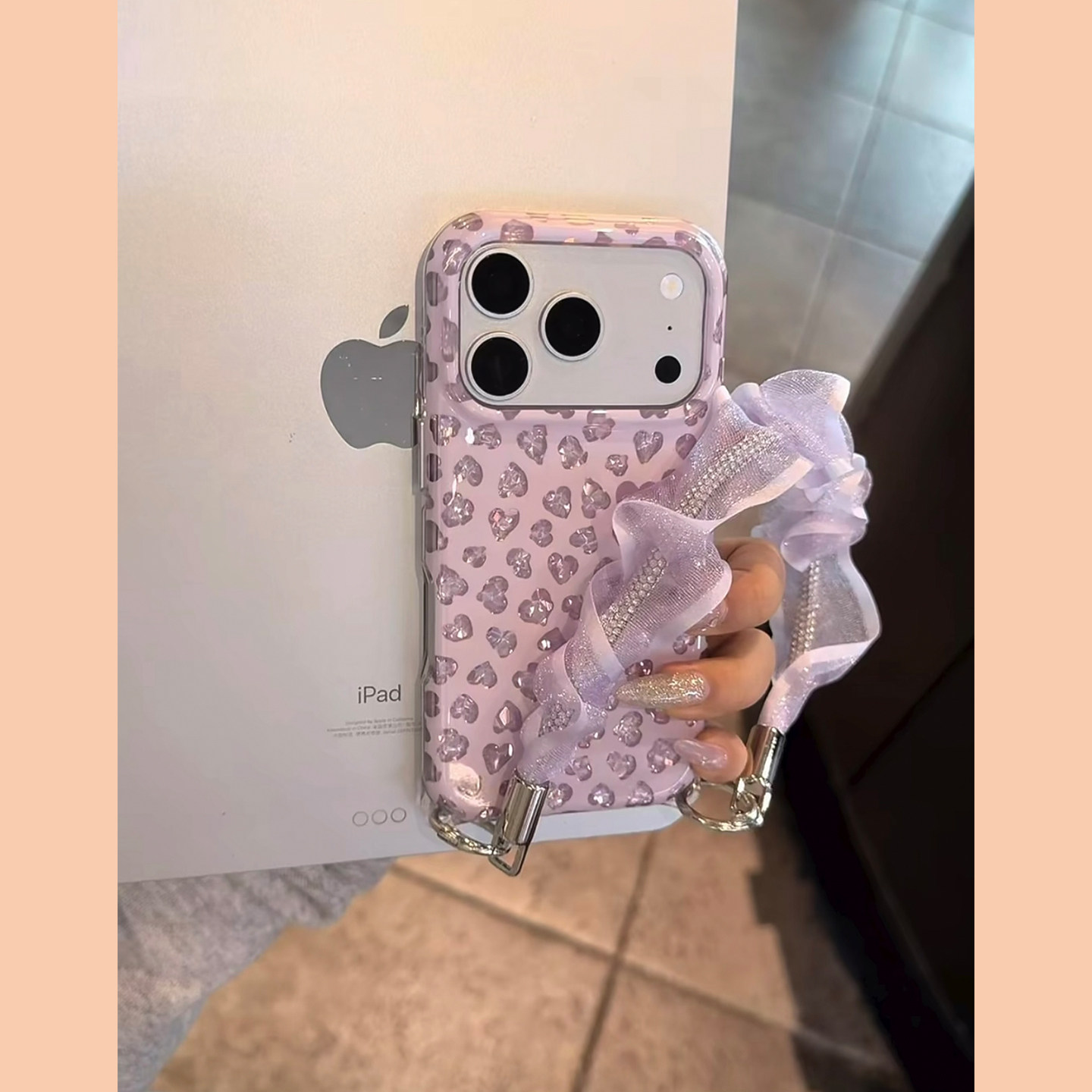 淑女小众时尚钻石纹爱心适用苹果18promax手机壳iPhone17女新款16带挂绳15韩系18Pro防摔17promax保护套16pro