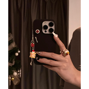 ins高级感黑色立体蛋糕叉子适用苹果16promax手机壳iPhone15女新款 14带挂件13小众15Pro防摔16pro保护套12