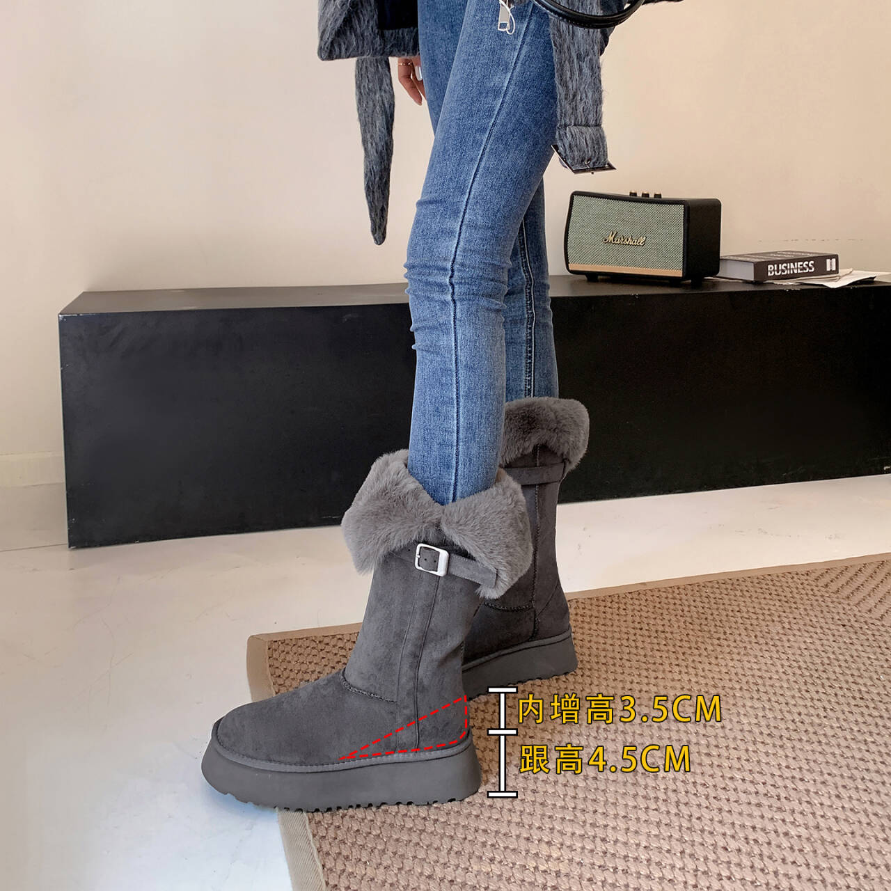 小个子厚底长筒灰色雪地靴棉鞋