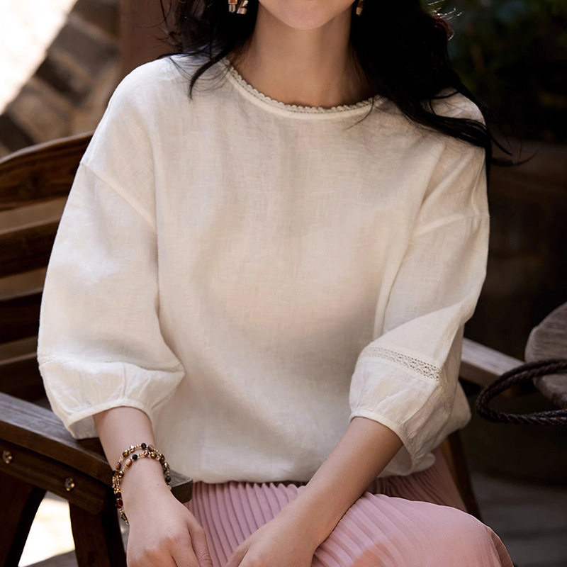 清凉柔美亚麻文艺小衫 七分泡泡袖圆领上衣T恤 2026夏季新款女装
