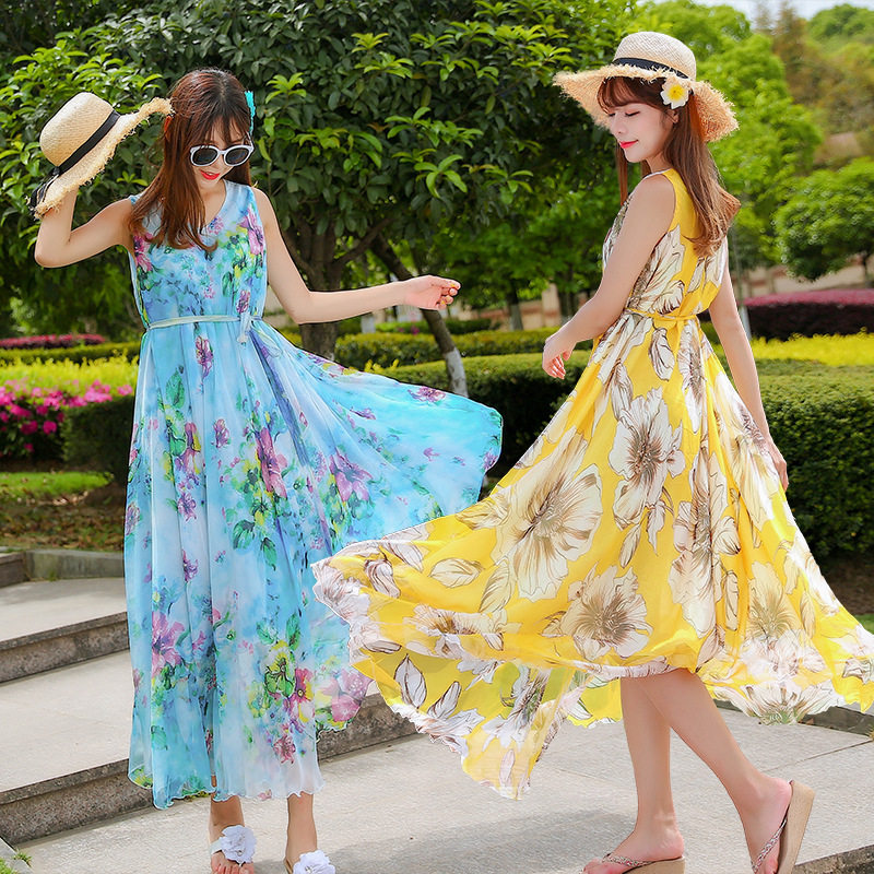 遮肚子吊带连衣裙女夏季 胖mm柔美雪纺碎花夏季清新孕妇小花裙子