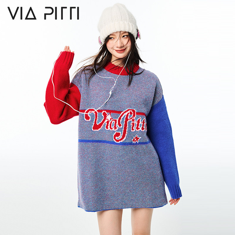 viapitti雪花系列加厚圣诞撞色毛衣开衫外套懒惰风红色针织上衣