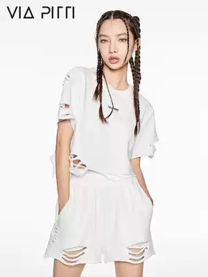 VIA PITTIT shirt Women summer personality destruction loose short sleeve top thin broken hole white cotton cotton Women's