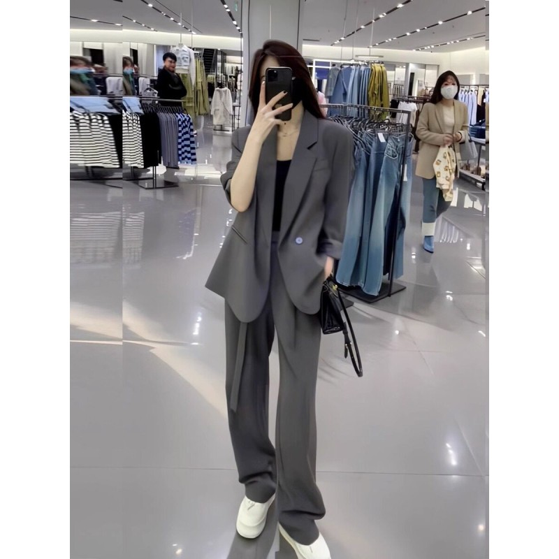速发春秋新款大码女装灰色套装胖mm时尚休闲西服外套阔腿裤两件套