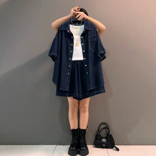 速发胖妹妹2023夏季新款大码女装时尚牛仔上衣 短裤两件套装