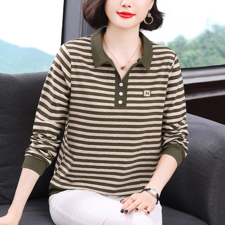 速发妈妈春秋装2026新款秋衣外穿纯棉长袖t恤女中老年上衣条纹打