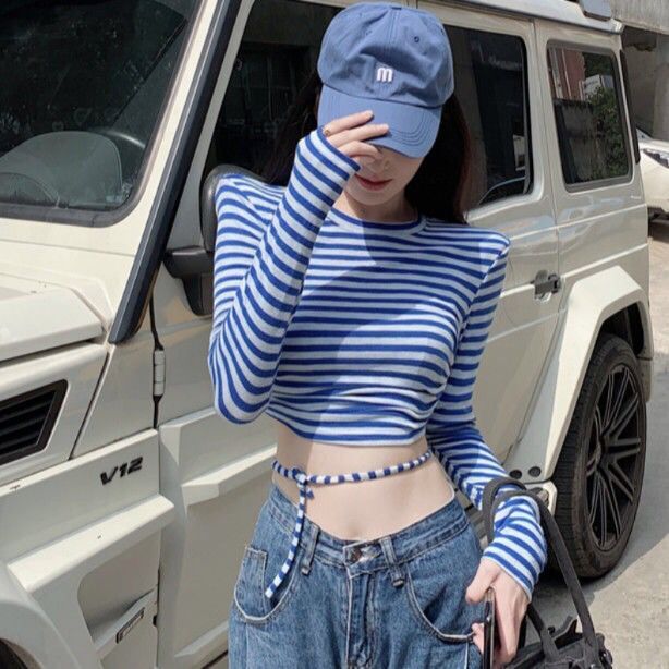 速发今年流行的条纹t恤长袖女氛围感撞色上衣高腰露脐短款打底衫