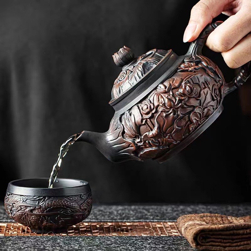 速发手水紫陶茶壶建砂浮堆雕祥龙壶功夫茶具紫工壶泡茶器陶制家用