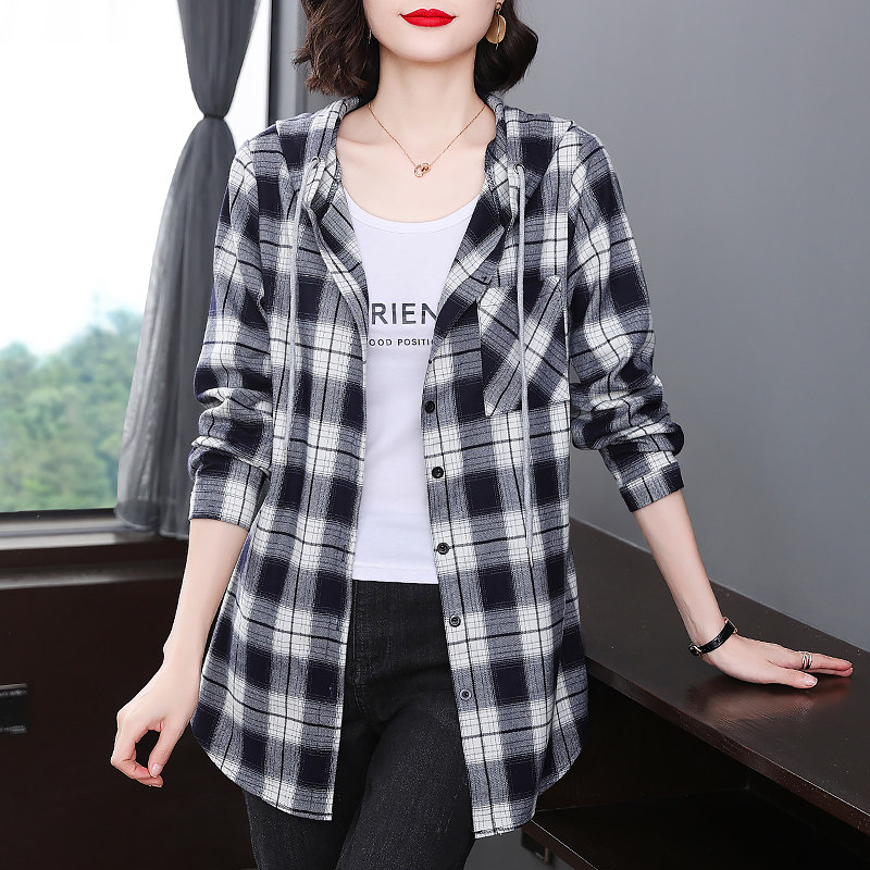 速发纯棉连帽格子女秋冬新款洋气妈妈长袖上衣大码中长款衬衣外套