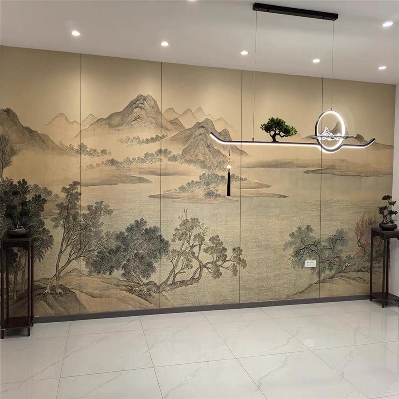 速发宋式刺绣硬包背景墙新中式壁画床头客厅沙发山水花鸟电视酒店