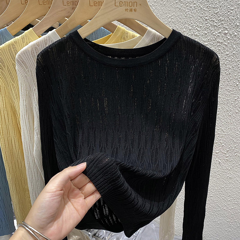 速发2025上衣女薄款宽松白色打底针织衫黑色内搭短款镂空长袖T恤