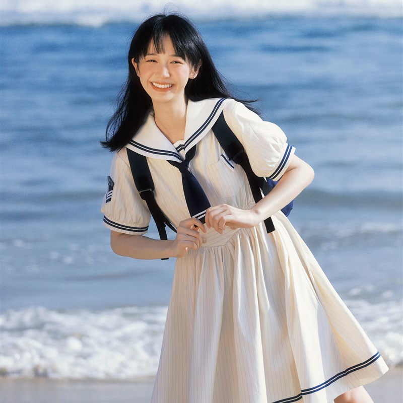 速发【夏日和风铃】去海边 轻复古少条纹连夏裙/水手服盛衣服