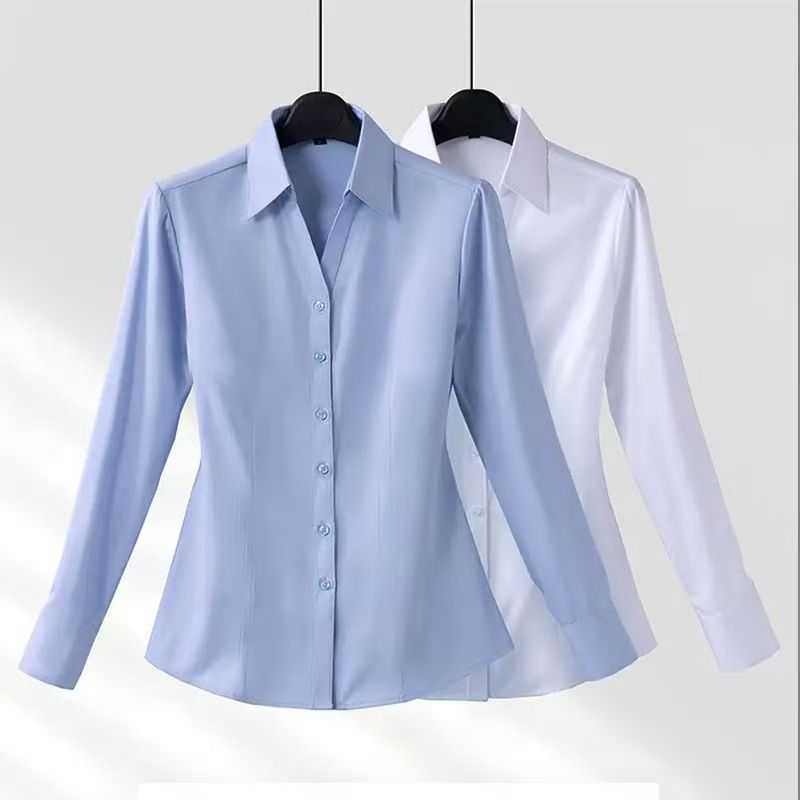 速发V领白女长袖职业装酒店正装白领时尚接待工作服工装衬衣