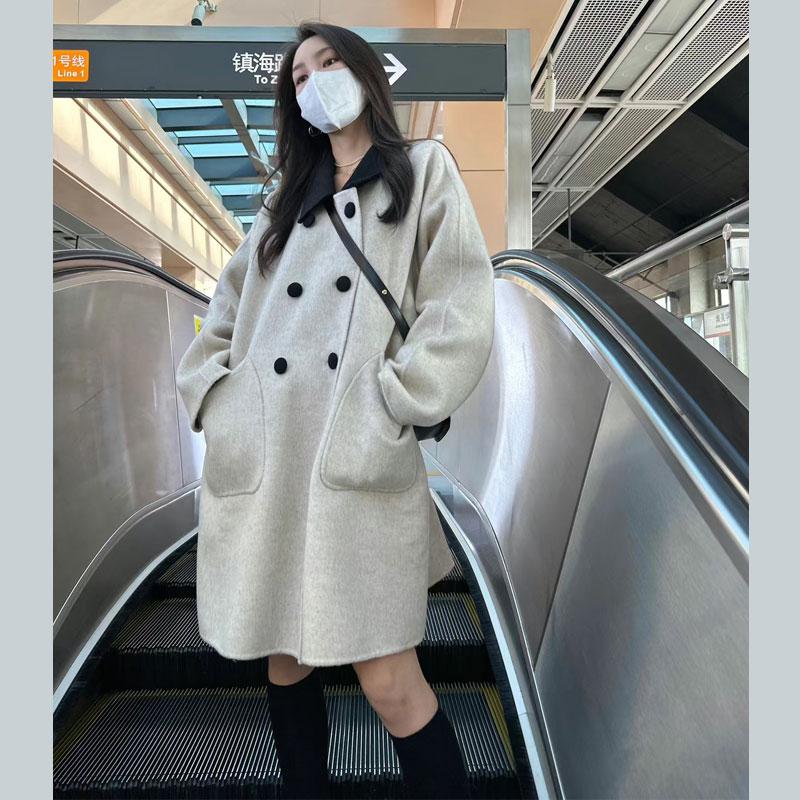 速发小个子气质米白色中长款女2024冬季新款毛呢外套宽松斗篷呢子