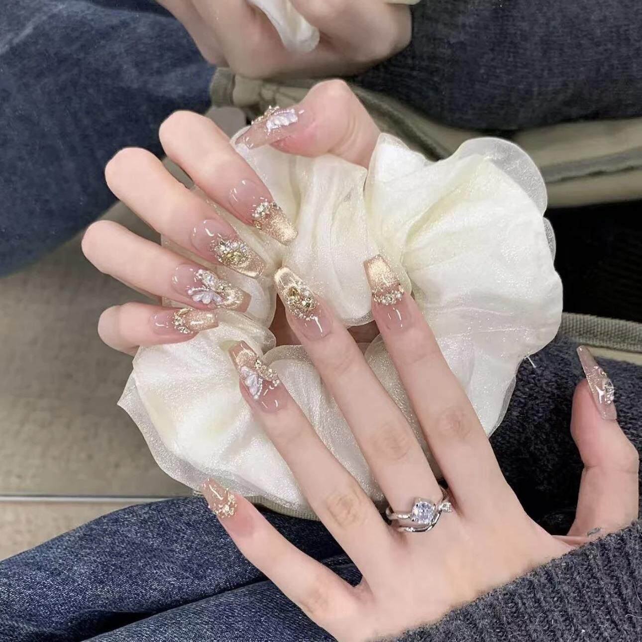 奈姿纯手工光疗穿戴甲烫金蝴蝶成品重复使用美甲贴片可拆正品
