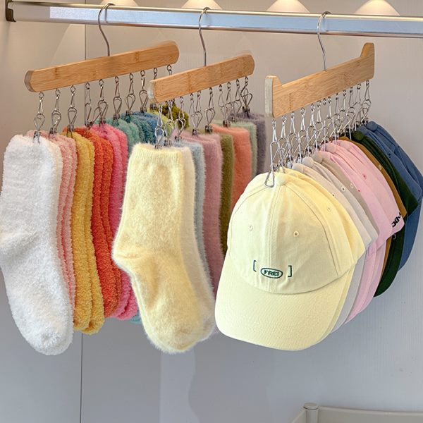 木质衣架多夹子帽子收纳神器省空间无痕袜子晾晒架多功能宝宝挂钩