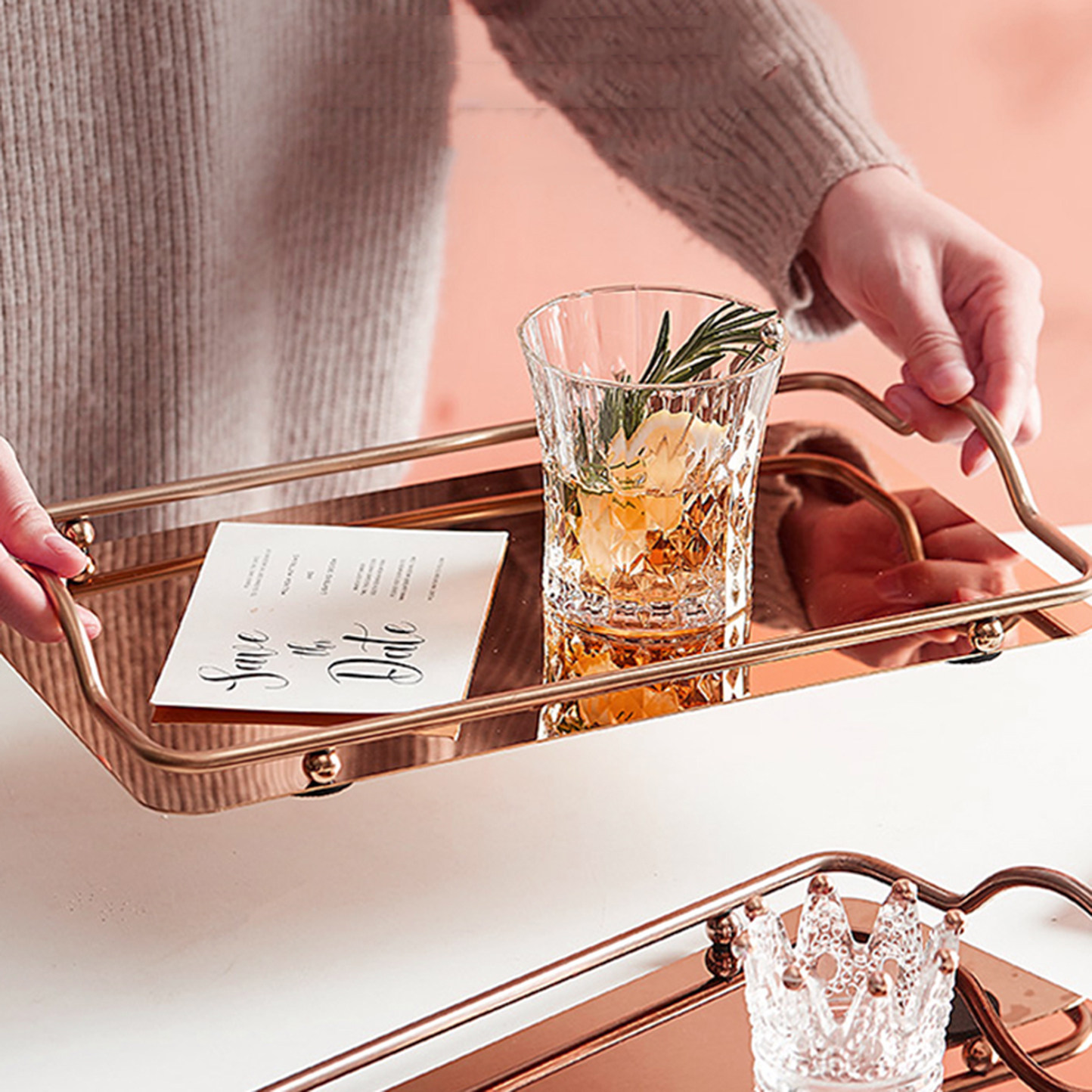 玫瑰金属托盘长方形高级感家用高端精致高颜值下午茶收纳置物盘子,餐饮具,餐用托盘,淘宝优惠券,粉丝福利购,淘宝优惠卷