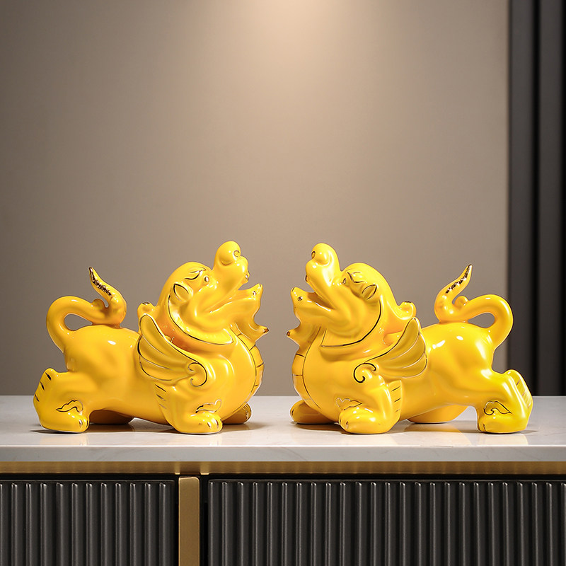 陶瓷招财貔貅摆件一对客厅八方来财旺财玄关装饰品办公室桌面店铺