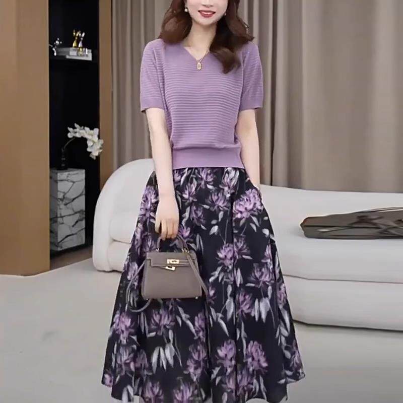 RIERA夏季时尚一整套穿搭女士高级感紫色V领短袖上衣印花半身裙两