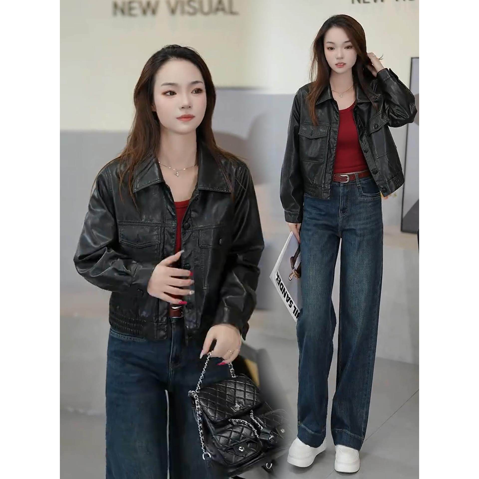 ROUMIKL时尚短款皮衣外套女2025秋季新款覆古翻领PU皮夹克小个子