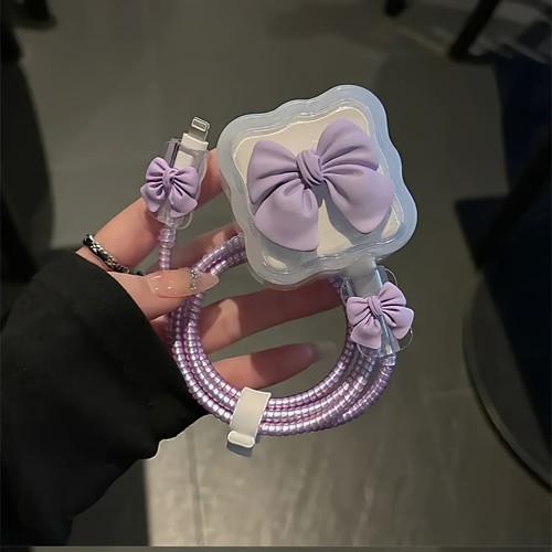 紫色蝴蝶结苹果40w动态充电器保护套适用17系列数据线iPhone16 15