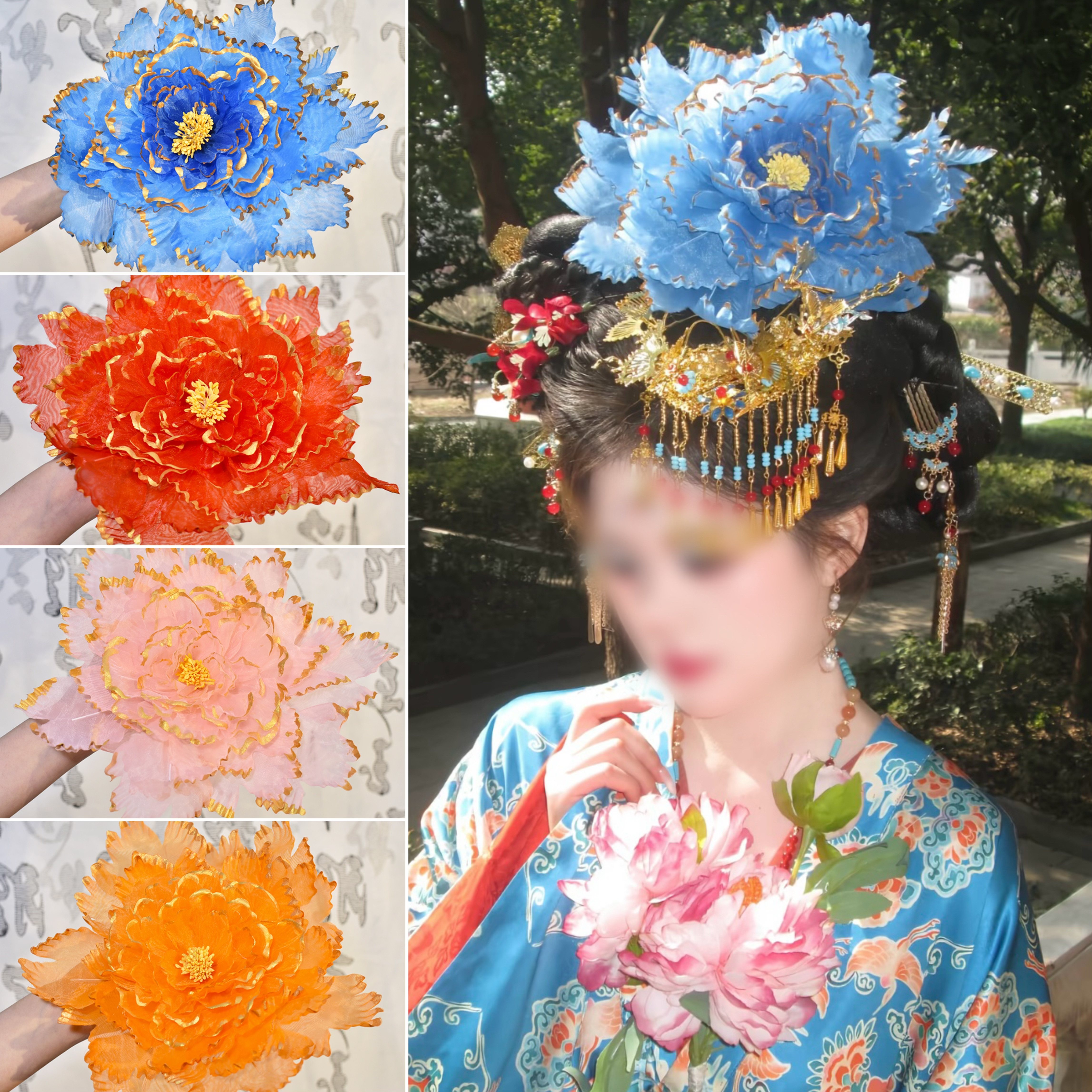 古风发饰烫花牡丹原创26㎝超大烫花发夹汉服复原唐风发配饰品花朵