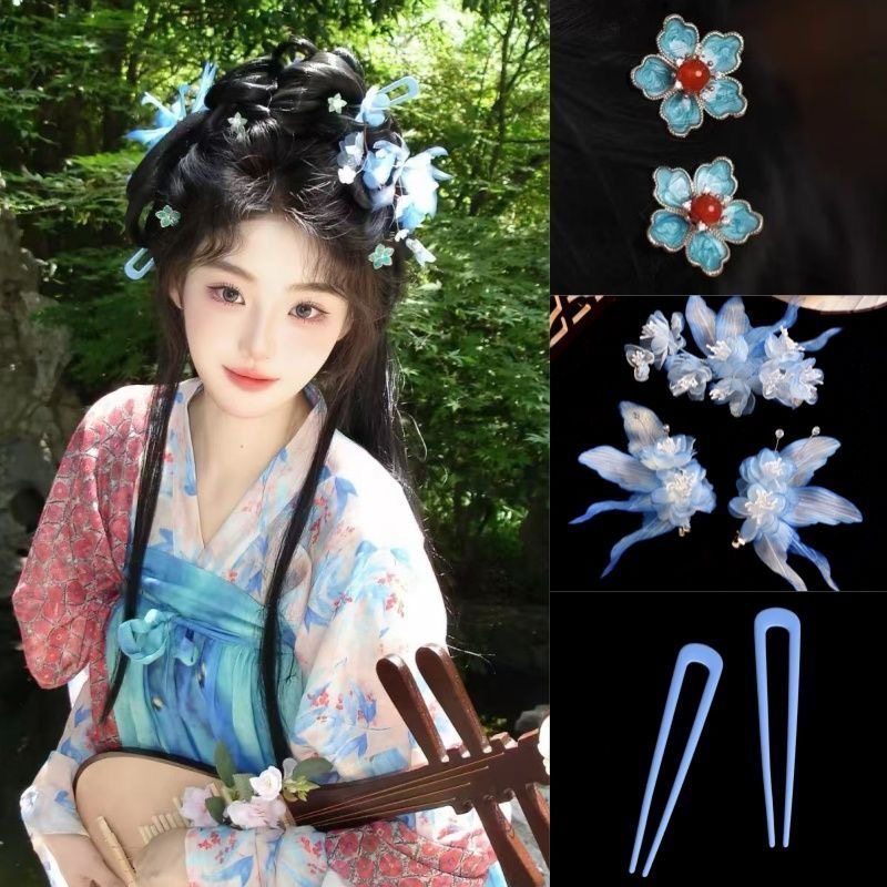 2025超仙绢纱芍药夏季古风流苏汉服蝴蝶头饰新款烫花蓝色发饰套装