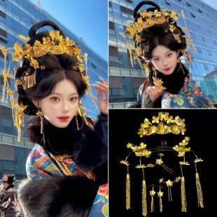 明制秀禾服奢华精致花朵发冠新娘婚嫁汉服流苏凤冠头饰中式婚礼饰