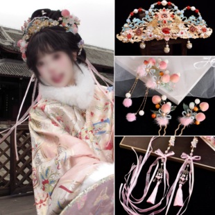 汉服发冠小桃子绒花发夹仙桃甜美配饰古风毛绒发夹头饰流苏百搭款