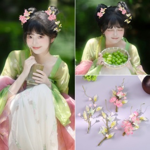 原创【青梅仙子】仙气桃花琉璃簪花重工藤蔓粉色古风发夹汉服配饰
