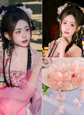 汉服头饰女款原创古风发饰橙色簪花对夹新中式汉服头饰绢花鸭嘴夹